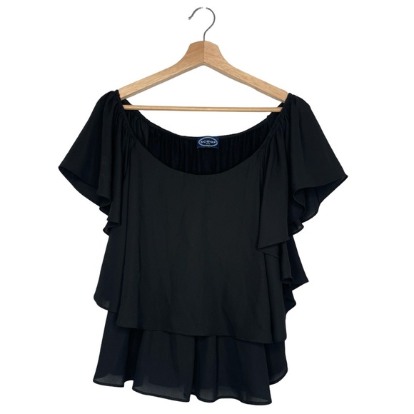 Scoop NYC Black Ruffle Flutter Sleeve Layered Blouse - Size Small - Picture 2 of 12